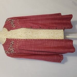 St John's Bay Women's Size M Red Floral Embroidered 3/4 Sleeve Button Down Top